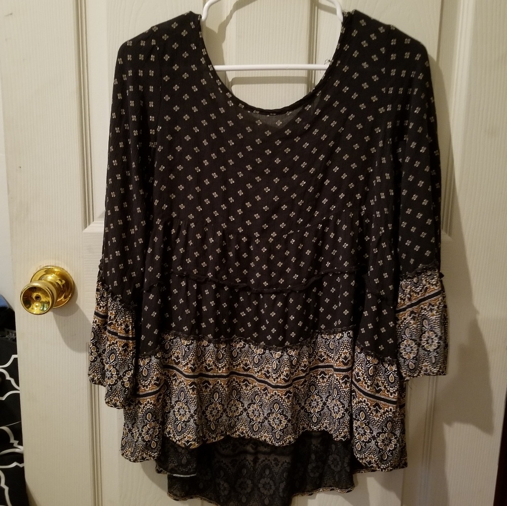 Navy, White and Gold Printed Boho Top